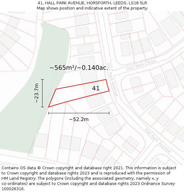 41, HALL PARK AVENUE, HORSFORTH, LEEDS, LS18 5LR: Plot and title map
