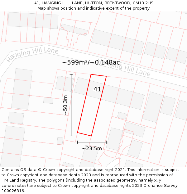 41, HANGING HILL LANE, HUTTON, BRENTWOOD, CM13 2HS: Plot and title map