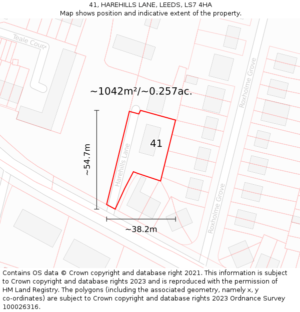 41, HAREHILLS LANE, LEEDS, LS7 4HA: Plot and title map