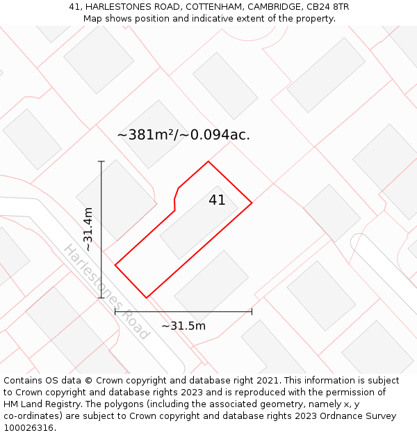 41, HARLESTONES ROAD, COTTENHAM, CAMBRIDGE, CB24 8TR: Plot and title map