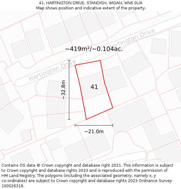 41, HARTINGTON DRIVE, STANDISH, WIGAN, WN6 0UA: Plot and title map