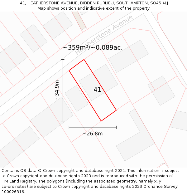 41, HEATHERSTONE AVENUE, DIBDEN PURLIEU, SOUTHAMPTON, SO45 4LJ: Plot and title map