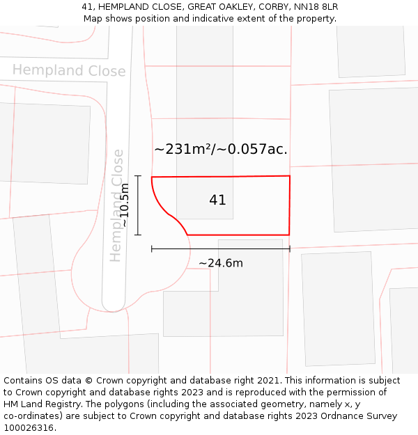 41, HEMPLAND CLOSE, GREAT OAKLEY, CORBY, NN18 8LR: Plot and title map