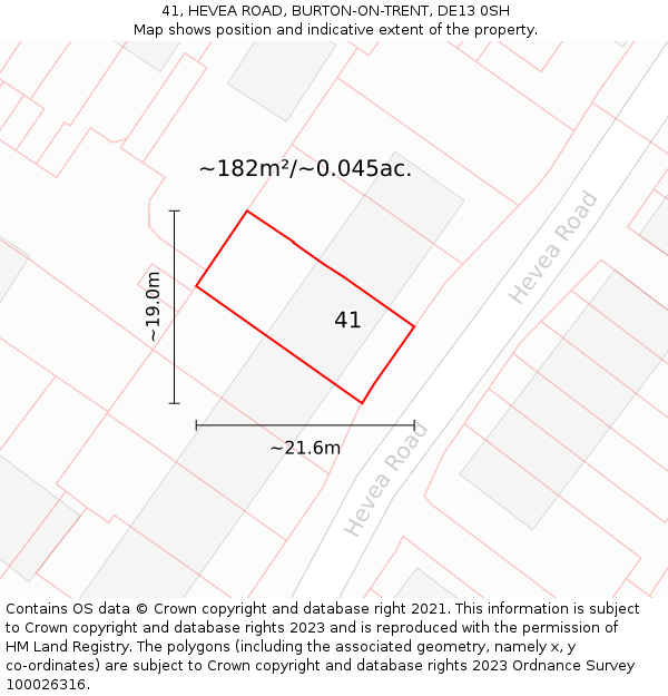 41, HEVEA ROAD, BURTON-ON-TRENT, DE13 0SH: Plot and title map
