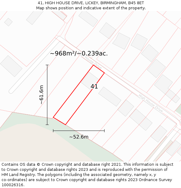 41, HIGH HOUSE DRIVE, LICKEY, BIRMINGHAM, B45 8ET: Plot and title map