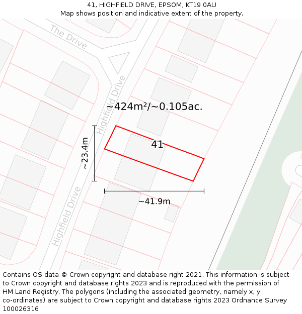41, HIGHFIELD DRIVE, EPSOM, KT19 0AU: Plot and title map