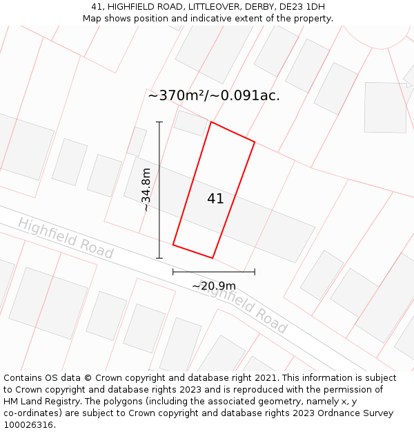 41, HIGHFIELD ROAD, LITTLEOVER, DERBY, DE23 1DH: Plot and title map