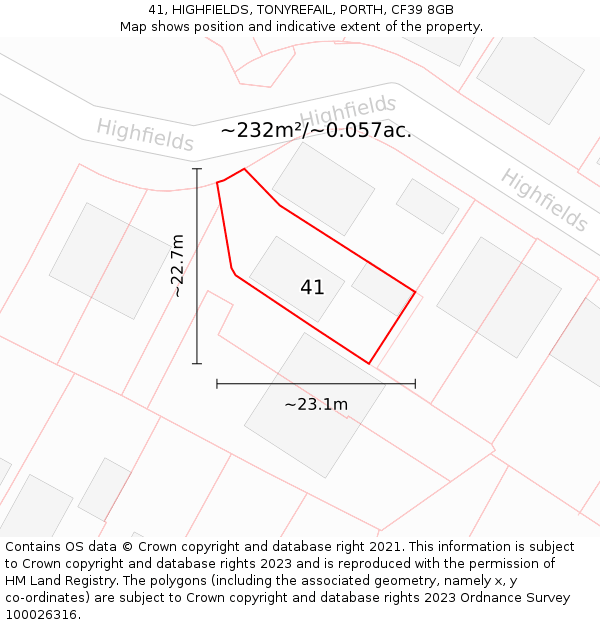 41, HIGHFIELDS, TONYREFAIL, PORTH, CF39 8GB: Plot and title map