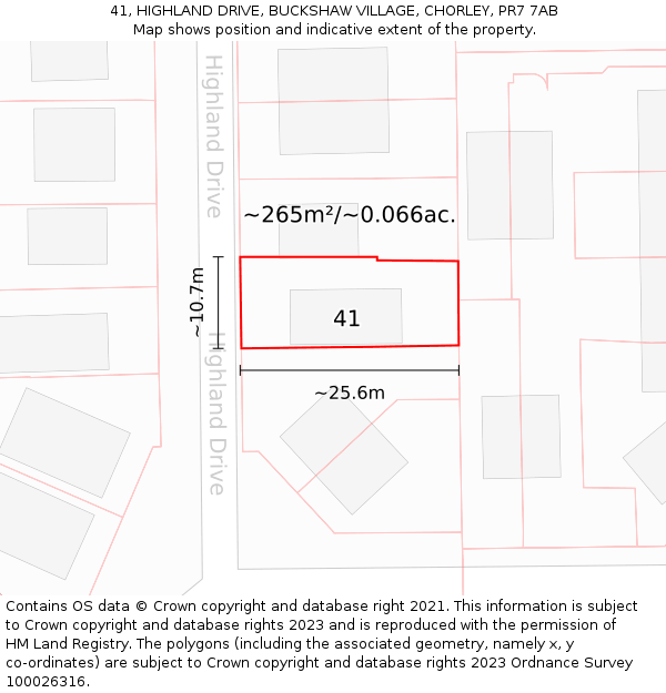 41, HIGHLAND DRIVE, BUCKSHAW VILLAGE, CHORLEY, PR7 7AB: Plot and title map