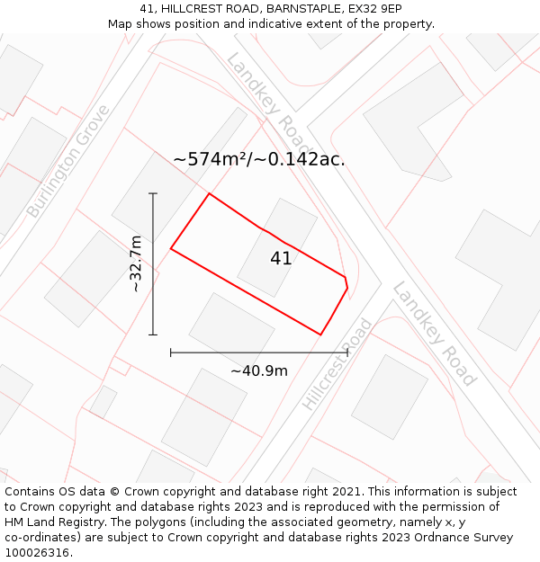 41, HILLCREST ROAD, BARNSTAPLE, EX32 9EP: Plot and title map