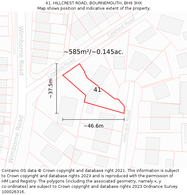 41, HILLCREST ROAD, BOURNEMOUTH, BH9 3HX: Plot and title map