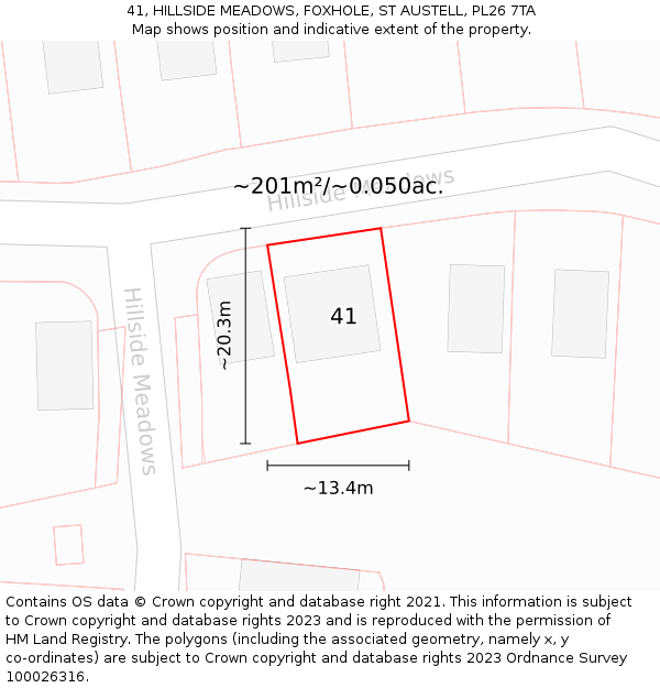 41, HILLSIDE MEADOWS, FOXHOLE, ST AUSTELL, PL26 7TA: Plot and title map