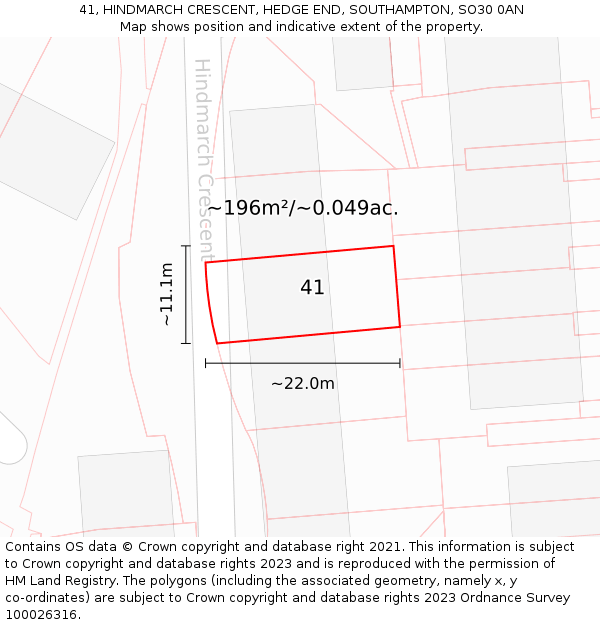 41, HINDMARCH CRESCENT, HEDGE END, SOUTHAMPTON, SO30 0AN: Plot and title map