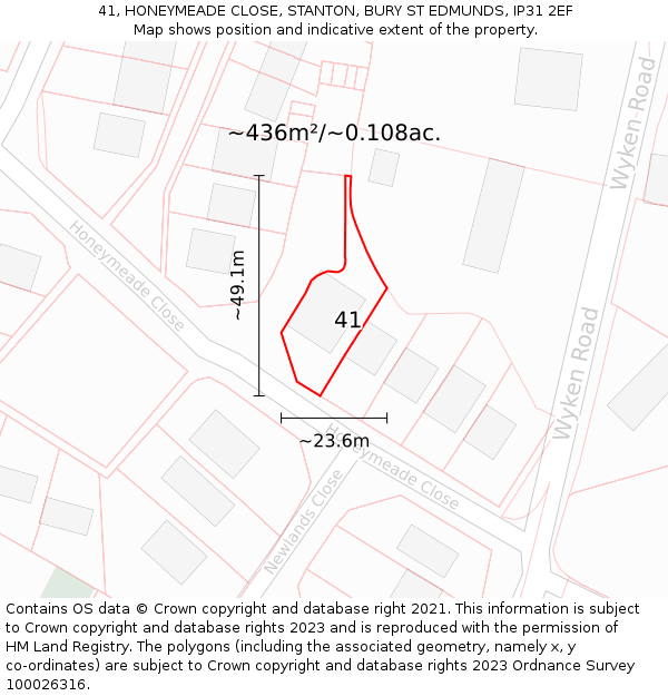 41, HONEYMEADE CLOSE, STANTON, BURY ST EDMUNDS, IP31 2EF: Plot and title map