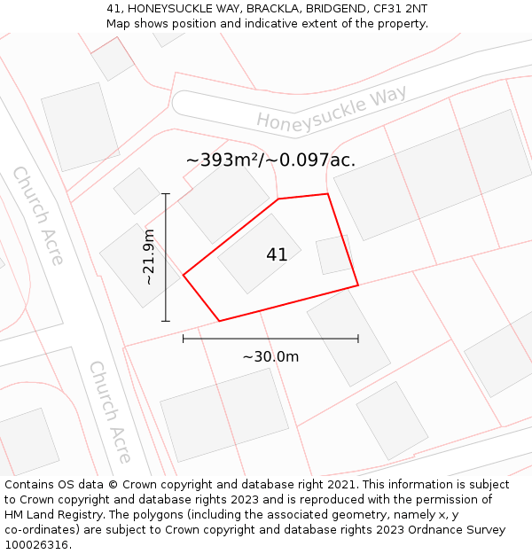 41, HONEYSUCKLE WAY, BRACKLA, BRIDGEND, CF31 2NT: Plot and title map