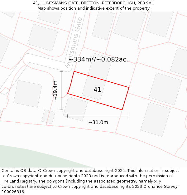 41, HUNTSMANS GATE, BRETTON, PETERBOROUGH, PE3 9AU: Plot and title map