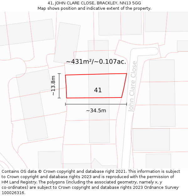 41, JOHN CLARE CLOSE, BRACKLEY, NN13 5GG: Plot and title map