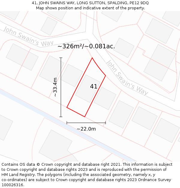 41, JOHN SWAINS WAY, LONG SUTTON, SPALDING, PE12 9DQ: Plot and title map