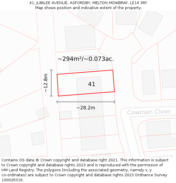 41, JUBILEE AVENUE, ASFORDBY, MELTON MOWBRAY, LE14 3RY: Plot and title map