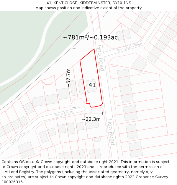 41, KENT CLOSE, KIDDERMINSTER, DY10 1NS: Plot and title map