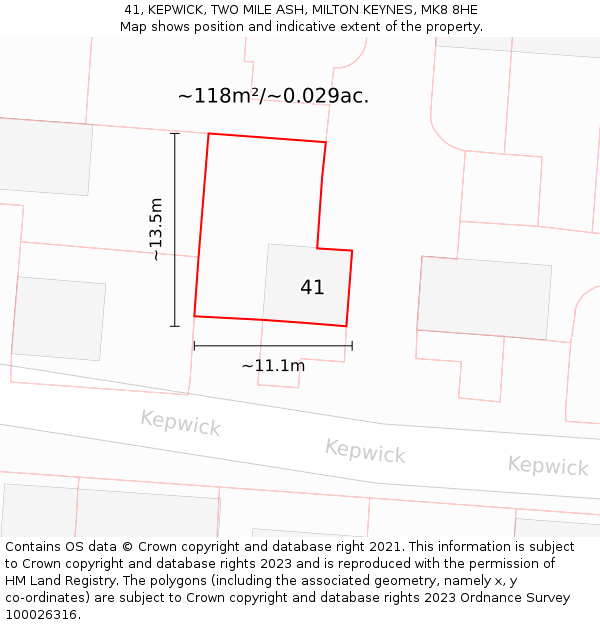 41, KEPWICK, TWO MILE ASH, MILTON KEYNES, MK8 8HE: Plot and title map