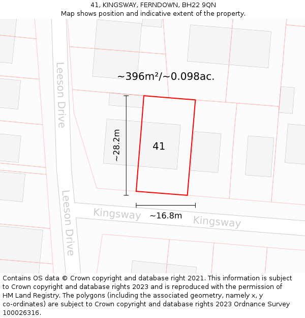 41, KINGSWAY, FERNDOWN, BH22 9QN: Plot and title map
