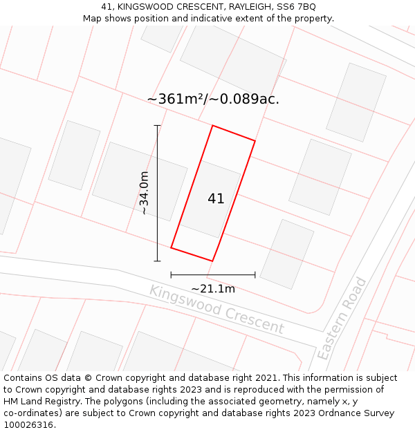 41, KINGSWOOD CRESCENT, RAYLEIGH, SS6 7BQ: Plot and title map