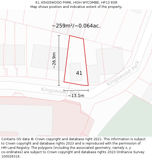 41, KINGSWOOD PARK, HIGH WYCOMBE, HP13 6GR: Plot and title map