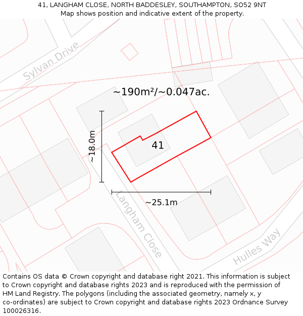 41, LANGHAM CLOSE, NORTH BADDESLEY, SOUTHAMPTON, SO52 9NT: Plot and title map