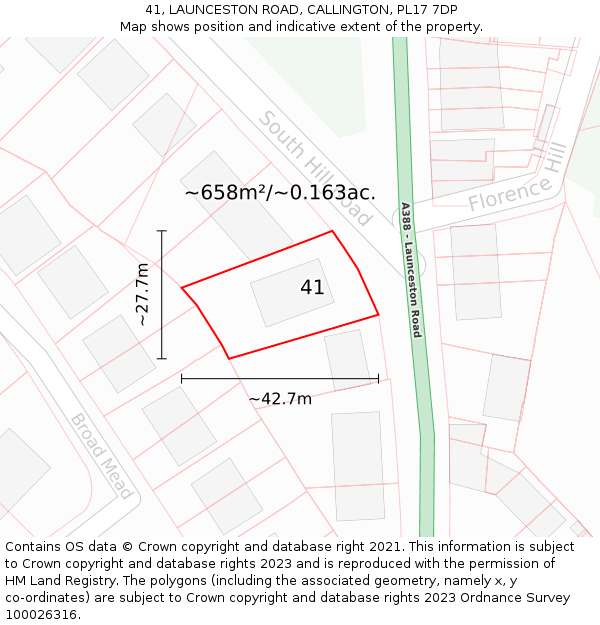41, LAUNCESTON ROAD, CALLINGTON, PL17 7DP: Plot and title map