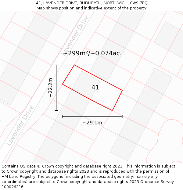 41, LAVENDER DRIVE, RUDHEATH, NORTHWICH, CW9 7EQ: Plot and title map