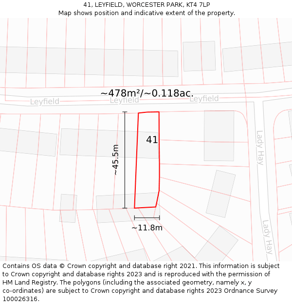 41, LEYFIELD, WORCESTER PARK, KT4 7LP: Plot and title map