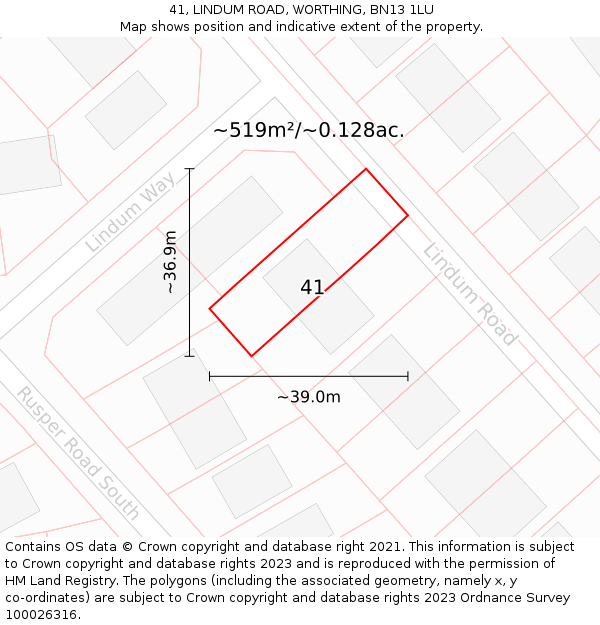 41, LINDUM ROAD, WORTHING, BN13 1LU: Plot and title map