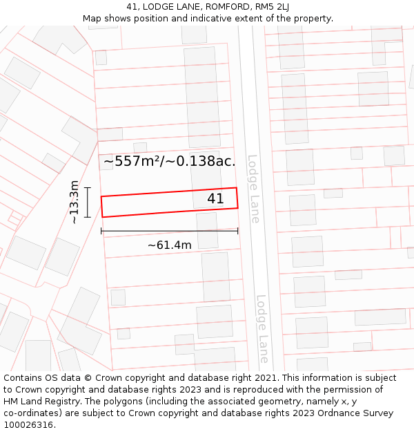 41, LODGE LANE, ROMFORD, RM5 2LJ: Plot and title map