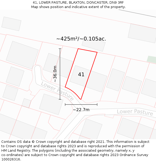 41, LOWER PASTURE, BLAXTON, DONCASTER, DN9 3RF: Plot and title map