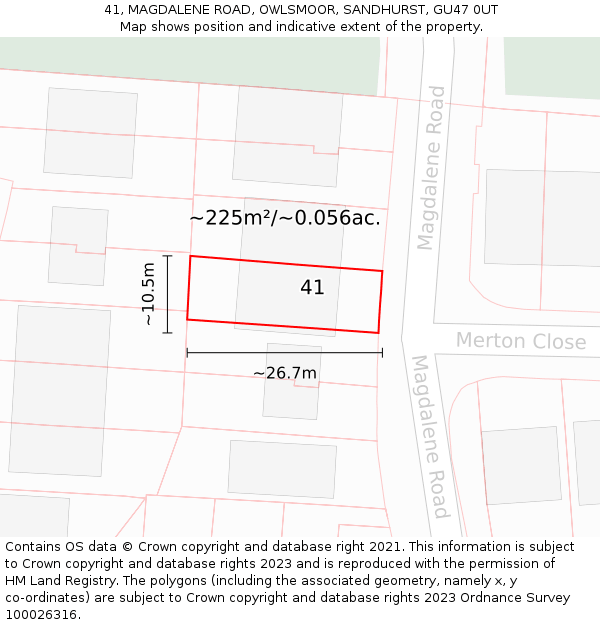 41, MAGDALENE ROAD, OWLSMOOR, SANDHURST, GU47 0UT: Plot and title map