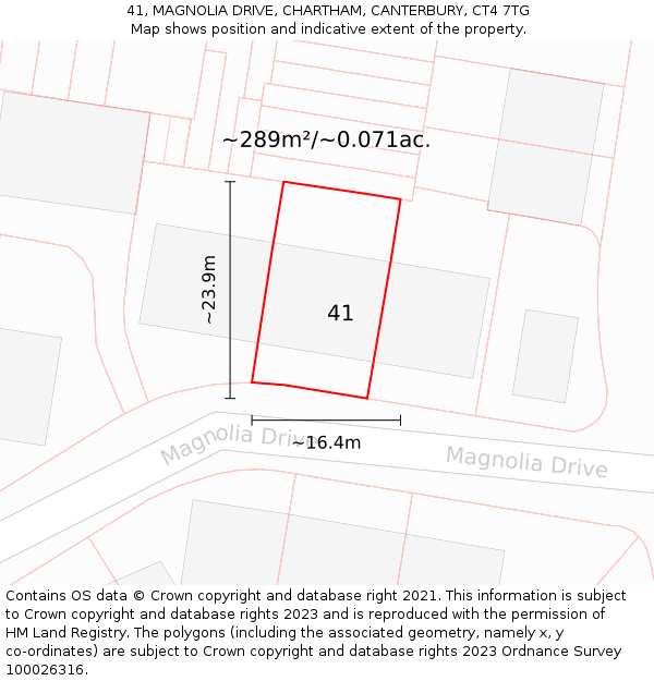 41, MAGNOLIA DRIVE, CHARTHAM, CANTERBURY, CT4 7TG: Plot and title map