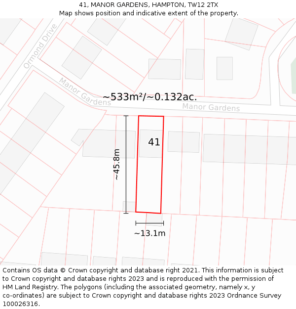 41, MANOR GARDENS, HAMPTON, TW12 2TX: Plot and title map