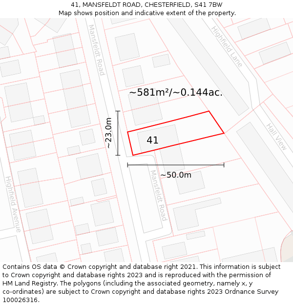 41, MANSFELDT ROAD, CHESTERFIELD, S41 7BW: Plot and title map