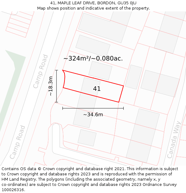 41, MAPLE LEAF DRIVE, BORDON, GU35 0JU: Plot and title map