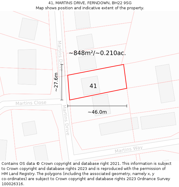 41, MARTINS DRIVE, FERNDOWN, BH22 9SG: Plot and title map