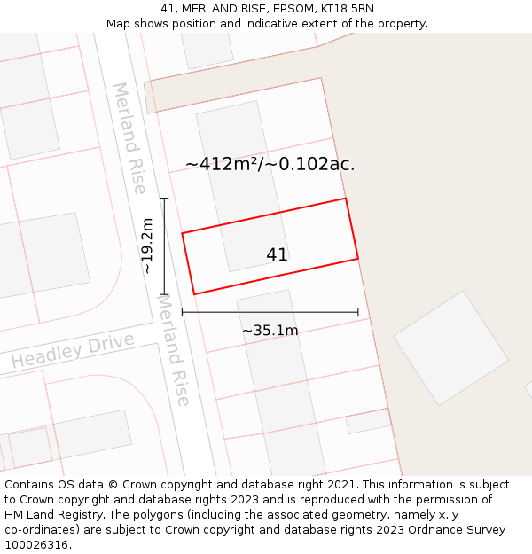 41, MERLAND RISE, EPSOM, KT18 5RN: Plot and title map