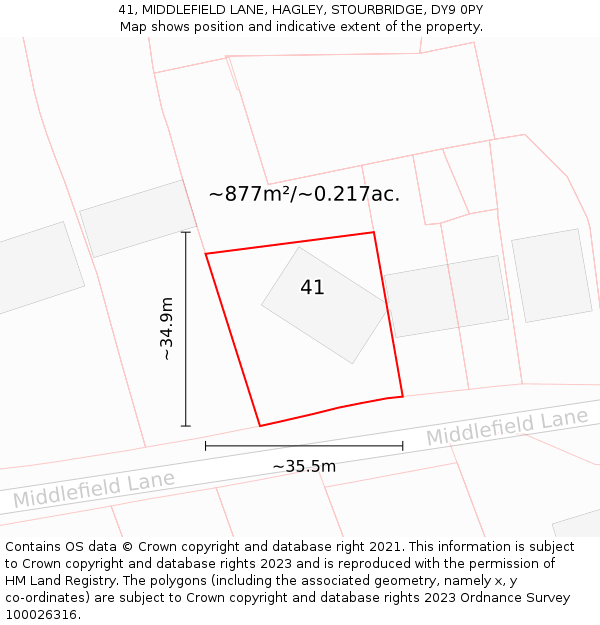 41, MIDDLEFIELD LANE, HAGLEY, STOURBRIDGE, DY9 0PY: Plot and title map
