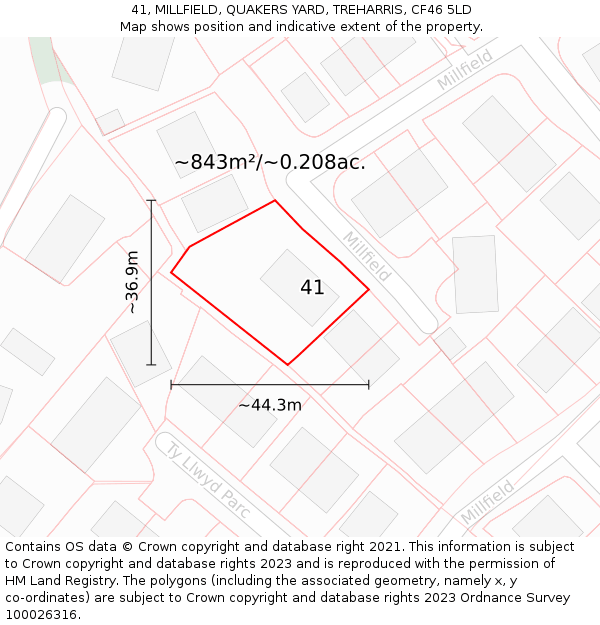 41, MILLFIELD, QUAKERS YARD, TREHARRIS, CF46 5LD: Plot and title map