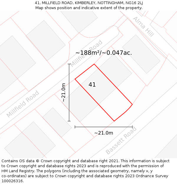 41, MILLFIELD ROAD, KIMBERLEY, NOTTINGHAM, NG16 2LJ: Plot and title map