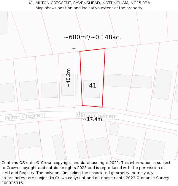 41, MILTON CRESCENT, RAVENSHEAD, NOTTINGHAM, NG15 9BA: Plot and title map