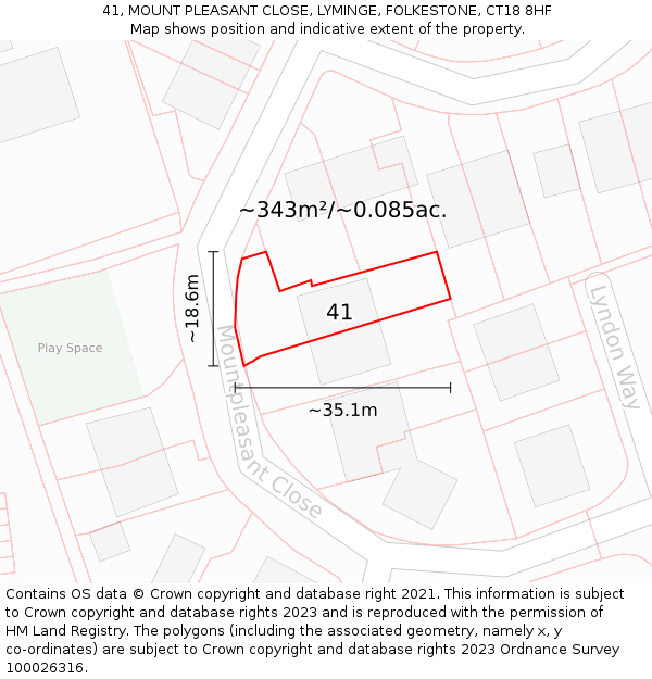 41, MOUNT PLEASANT CLOSE, LYMINGE, FOLKESTONE, CT18 8HF: Plot and title map