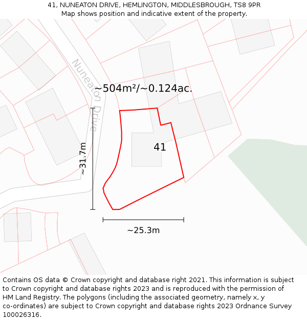 41, NUNEATON DRIVE, HEMLINGTON, MIDDLESBROUGH, TS8 9PR: Plot and title map