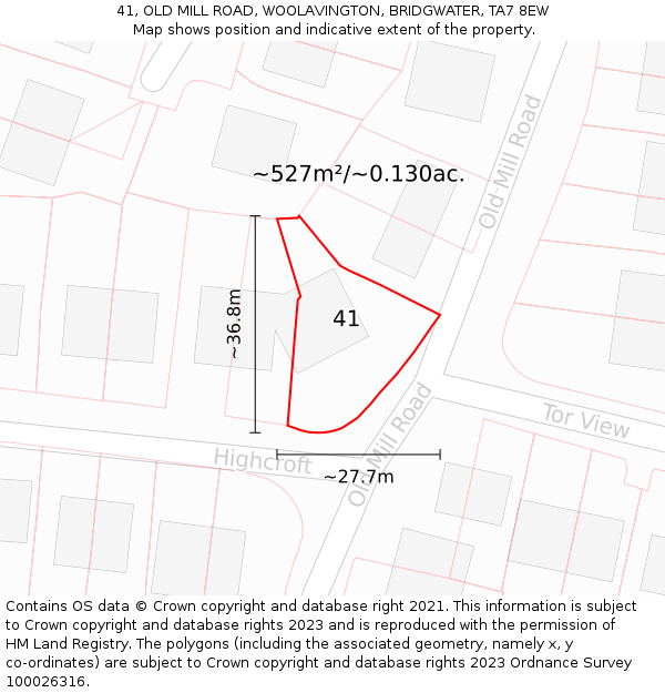41, OLD MILL ROAD, WOOLAVINGTON, BRIDGWATER, TA7 8EW: Plot and title map