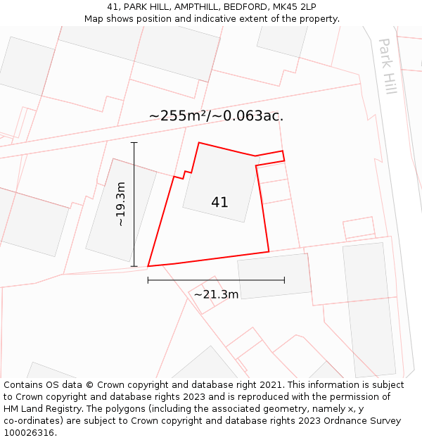 41, PARK HILL, AMPTHILL, BEDFORD, MK45 2LP: Plot and title map
